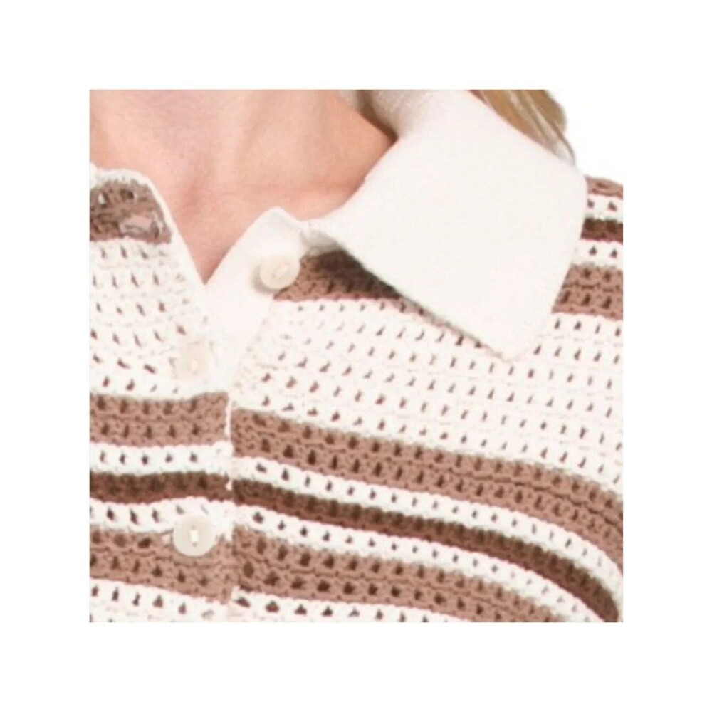 Elie Tahari women Beige Almond Striped Crochet Knit Polo Sweater sze Medium $285 - Picture 3 of 8